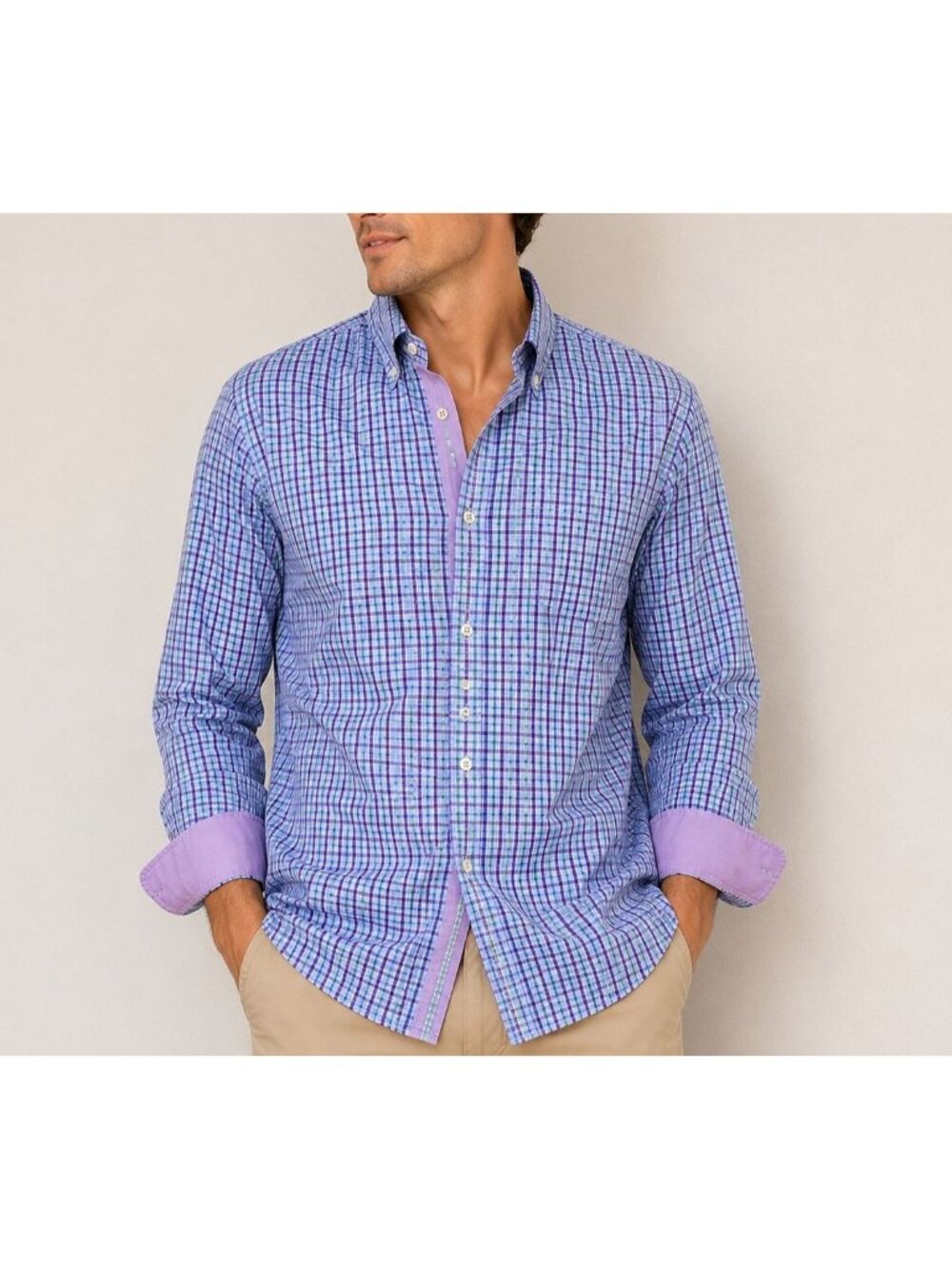 Alex Cannon Men's Button Down Shirt Purple Blue Plaid Cotton Dress Casual